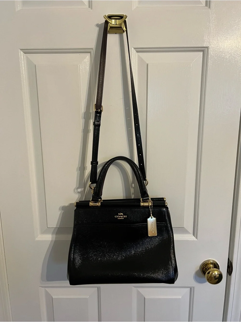 COACH Black Leather Structured Top-Handle Satchel with Gold Hardware